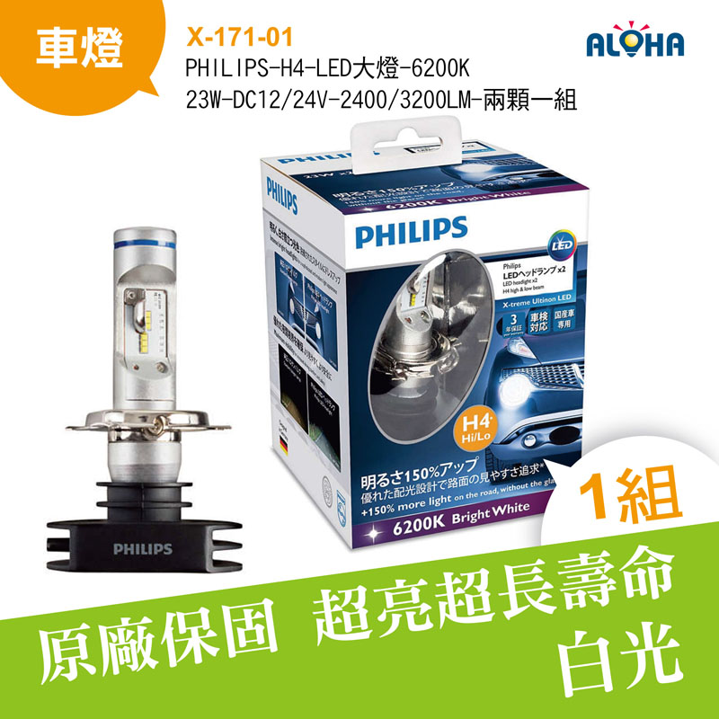 PHILIPS-H4-LED大燈-6200K-23W-DC12/24V-2400/3200LM